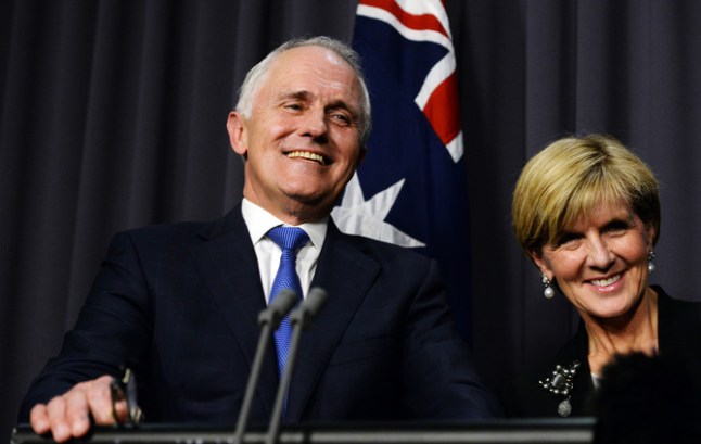 Australian Prime Minister designate Malcolm Turnbull with Deputy Prime Minister designate Julie Bishop during a press conference in the Blue Room, after winning the Australian Federal leadership in a party ballot vote, at Parliament House in Canberra, Monday, Sept. 14, 2015. (AAP Image/Sam Mooy) NO ARCHIVING