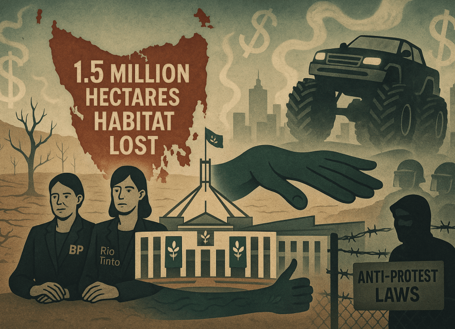 Photorealistic digital artwork depicting Australia’s environmental degradation with Tasmania silhouette overlay, corporate mining CEOs behind parliament wrapped in greenwash banners, a protester behind barbed wire labeled “Anti-Protest Laws,” and a looming super-sized SUV casting shadow over a smoky cityscape.