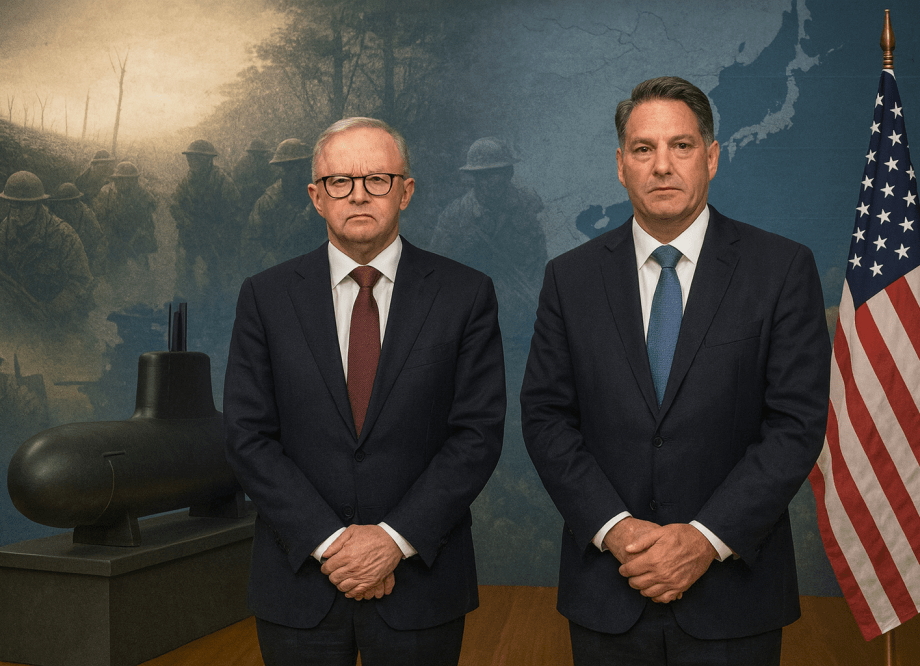 Composite editorial image showing Australian leaders on a glossy stage beside a model submarine and US flag, with faded historical scenes of Gallipoli, Vietnam and Iraq in the background.