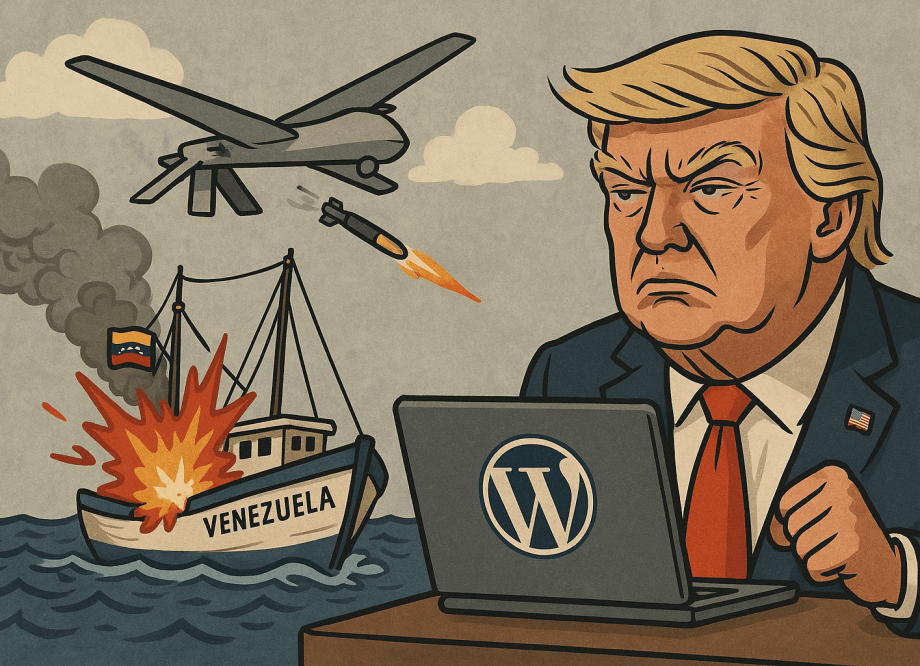 Alt text: *Cartoon illustration showing Donald Trump sitting at a desk using a laptop with the WordPress logo, while outside a drone launches a missile at a small Venezuelan fishing boat flying the national flag. The boat explodes amid smoke and flames on rough seas, symbolizing Trump’s aggressive foreign actions. The style is bold, satirical, and editorial.*
