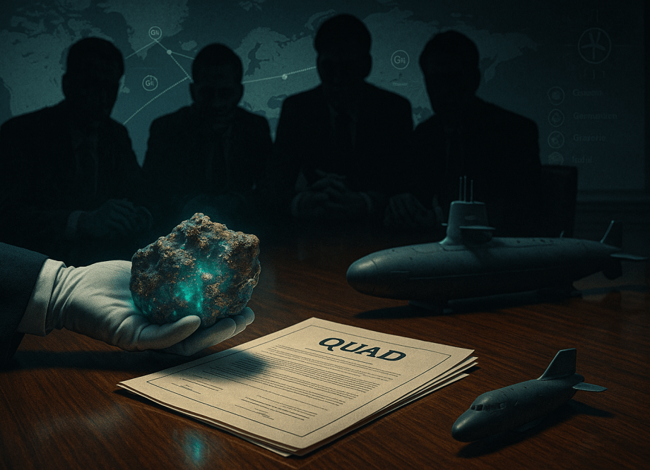 “Albanese’s side offers rare-earth ore across a Washington negotiation table while a neglected submarine model sits out of focus — symbolising minerals over missiles.”