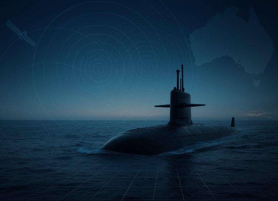 A nuclear submarine surfaces in dark blue waters at dusk beneath satellite and sonar overlays, symbolising detection technology; Australia’s coastline glows faintly in the background.