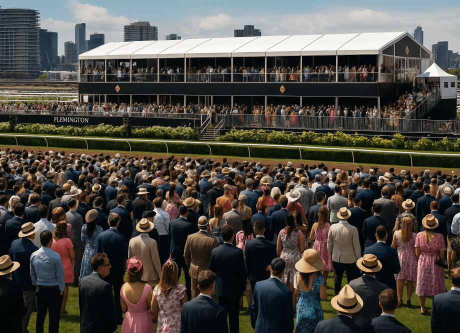 Crowd at Flemington Racecourse showing wealthy VIP marquees above and general admission punters below.