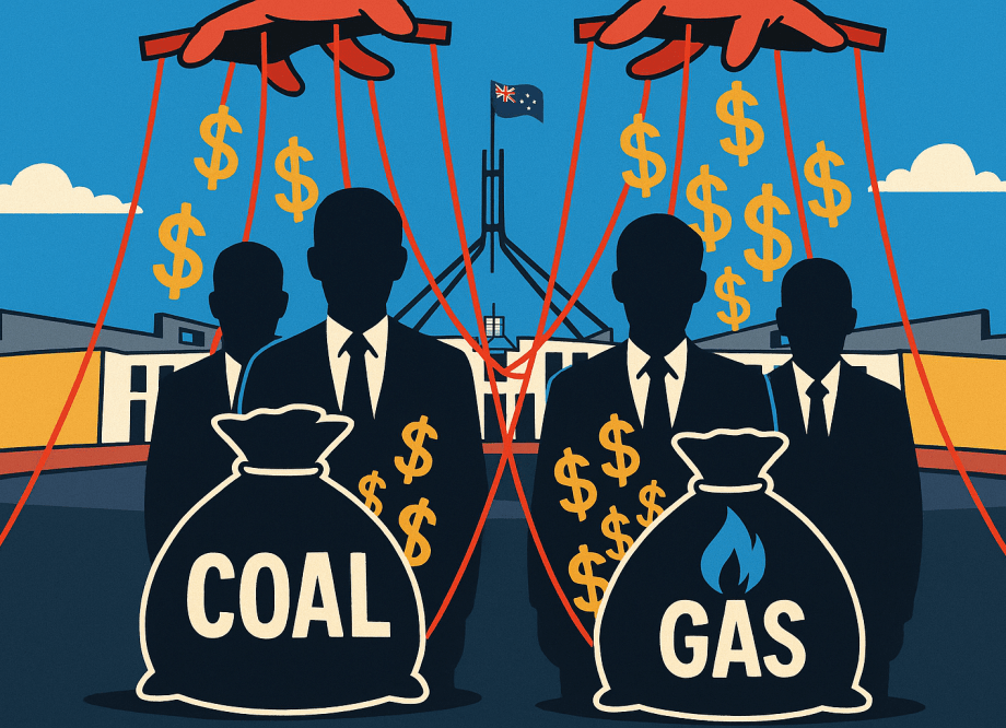 Editorial cartoon showing puppet strings controlling MPs inside Parliament House, with coal and gas company logos below.