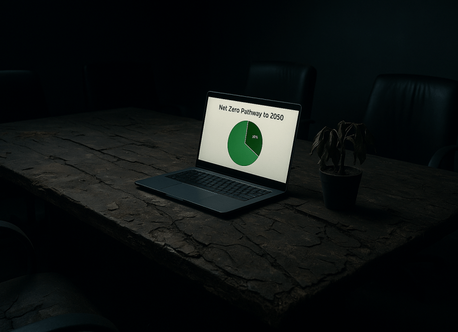 Laptop with a fake “Net Zero 2050” slide sitting on a cracked boardroom table with a dying plant beside it.