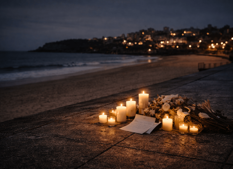Cold concrete and sodium amber -toned image of flowers and candles placed quietly near a beach at dusk, symbolising remembrance and reflection.