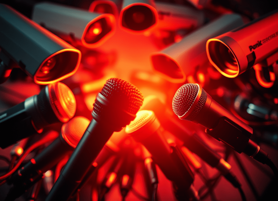Blurred microphones and overlapping newspaper headlines fade into a soft-focus surveillance camera, symbolising Australia’s media outrage cycle and political scrutiny.