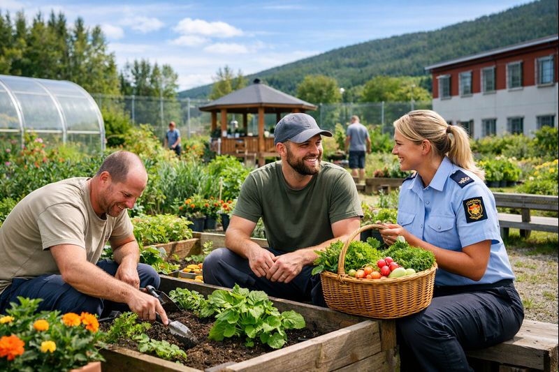 Norwegian prison garden with inmates and staff tending vegetables together, symbolising rehabilitation, humane justice, and restorative social policy.