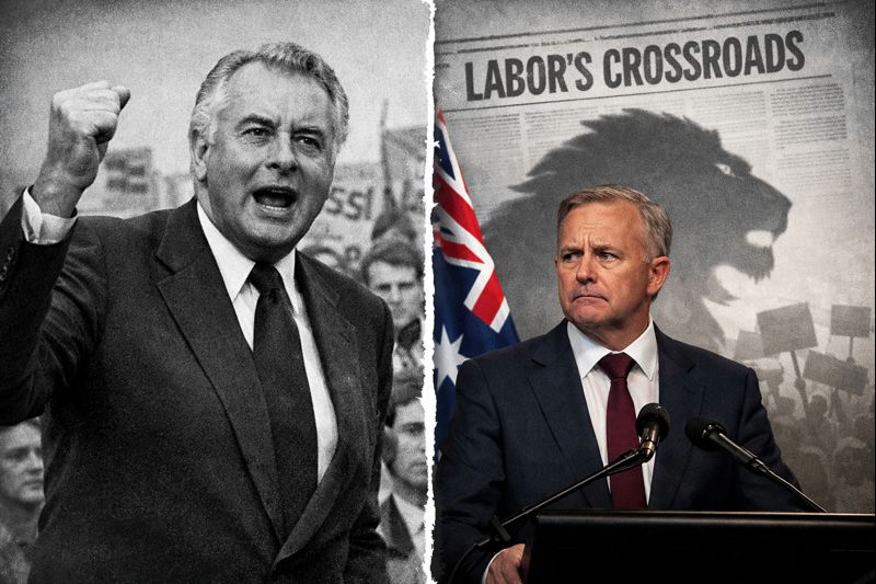 Gough Whitlam’s bold leadership contrasted with Anthony Albanese’s cautious approach, symbolising Labor’s strategic crossroads.