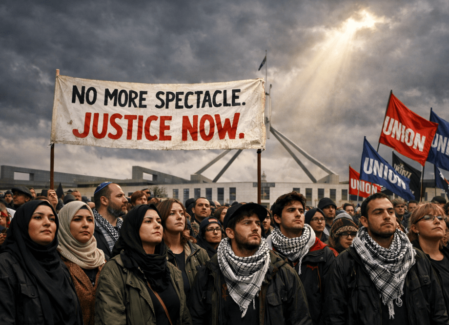 Diverse Australian protesters unite for justice outside Parliament House, holding a banner reading ‘NO MORE SPECTACLE. JUSTICE NOW,’ symbolizing cross-community solidarity against political inaction.