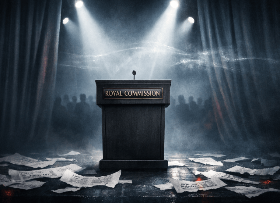 “Landscape 16:9 editorial illustration, a stark stage scene: a lone podium with a brass plaque reading ‘ROYAL COMMISSION’, intense white spotlights cutting through haze, heavy dark curtains slightly parted behind. On the floor, scattered torn newspaper headline strips with blurred unreadable text, suggesting an outrage cycle. In the background, a subtle translucent adhesive/glue sheen binding papers together as a metaphor for ‘social cohesion’. A distant crowd rendered as dark anonymous silhouettes. Serious, investigative tone, high contrast, muted blues and greys, minimal red accents, cinematic lighting, no caricature, no logos, no readable text except ‘ROYAL COMMISSION’.”