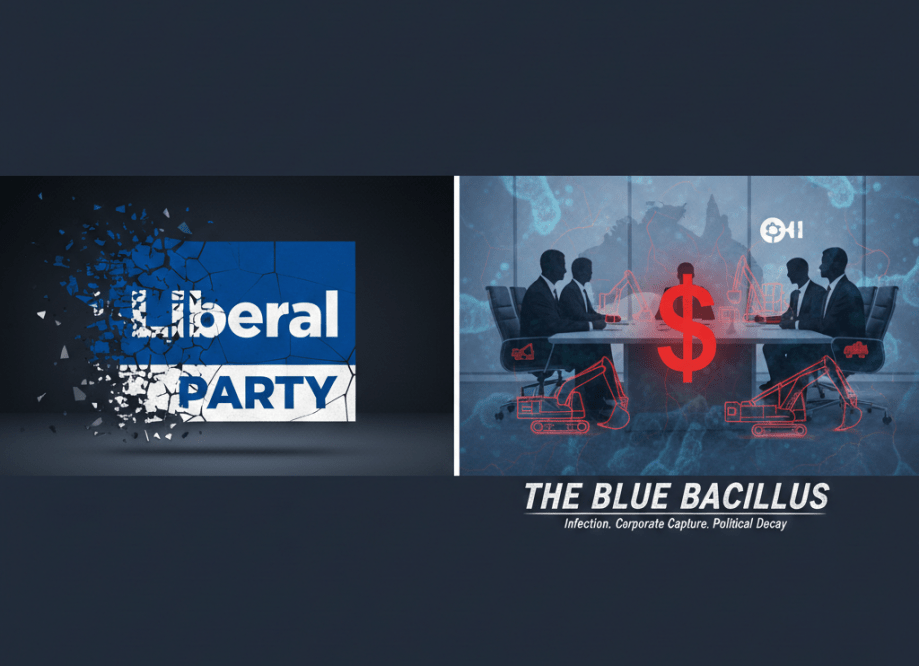 Abstract representation of bacterial infection spreading across Australian political landscape with corporate symbols