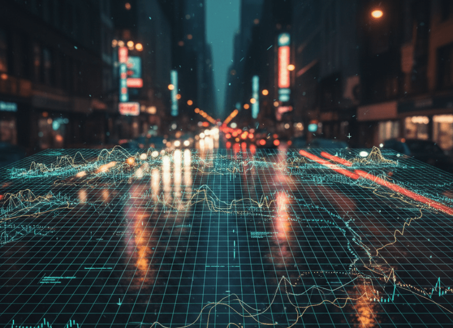 A digital topographical grid overlaying a dark, blurred city street at night, symbolizing AI surveillance and human geography mapping.