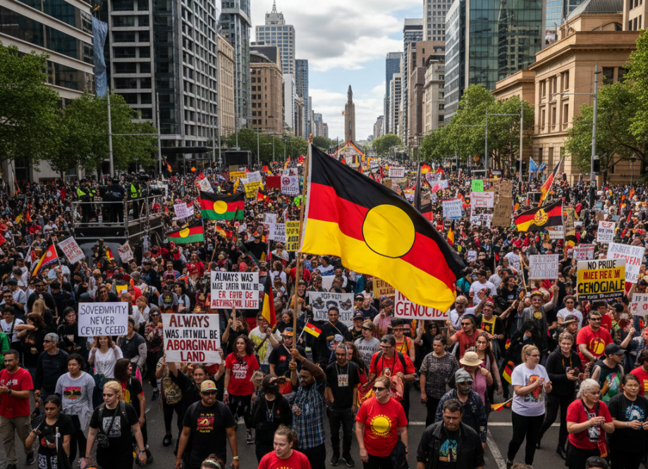 Invasion Day protest with Aboriginal flags and demonstrators