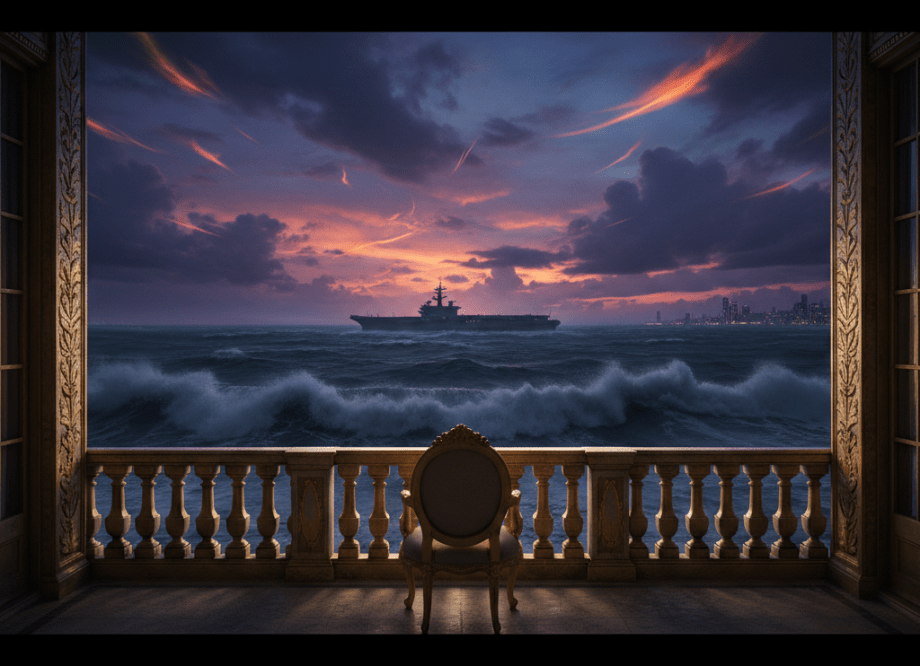A neoclassical balcony with an empty gold chair overlooking a stormy ocean at twilight, with the silhouette of an aircraft carrier on the horizon in a Gatsby-meets-Blade Runner aesthetic.