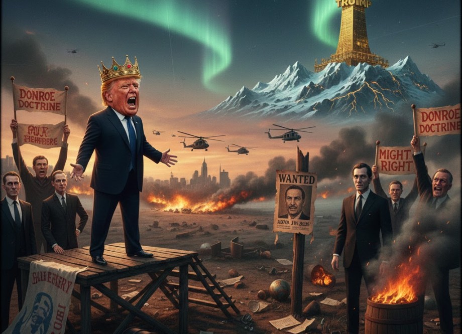 Donald Trump crowned as king, overseeing a desolate landscape with an oil derrick in the mountains and protests for "Donroe Doctrine" and "Might is Right," under the Aurora Borealis