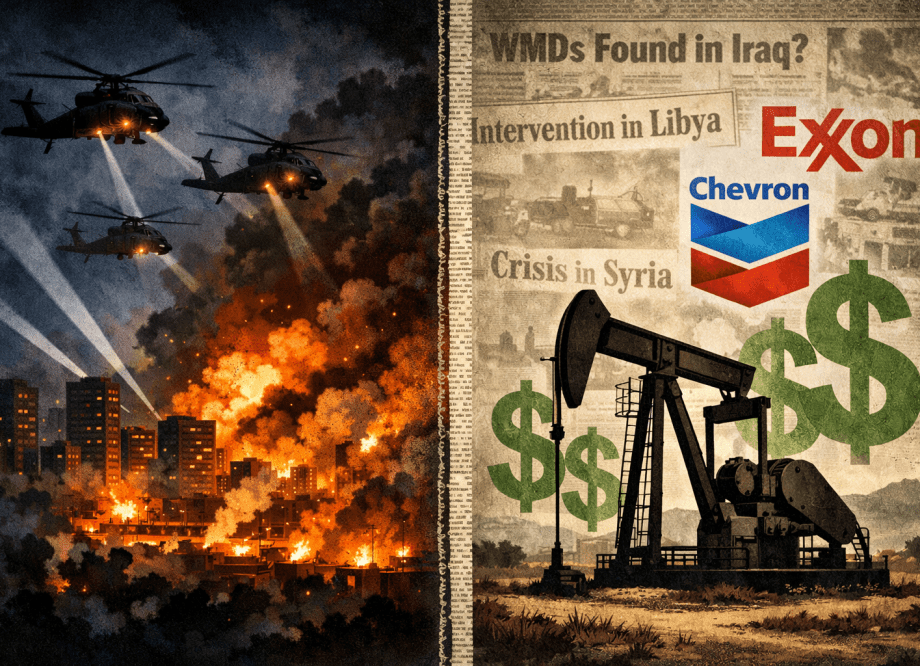 Editorial illustration showing split screen of US military helicopters bombing Caracas at night on left, with oil infrastructure and corporate symbols on right, representing imperial resource extraction in Venezuela