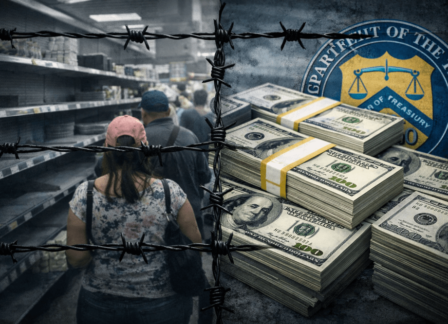 "Empty shelves in Venezuela juxtaposed with US financial sanctions imagery, symbolizing economic blockade"