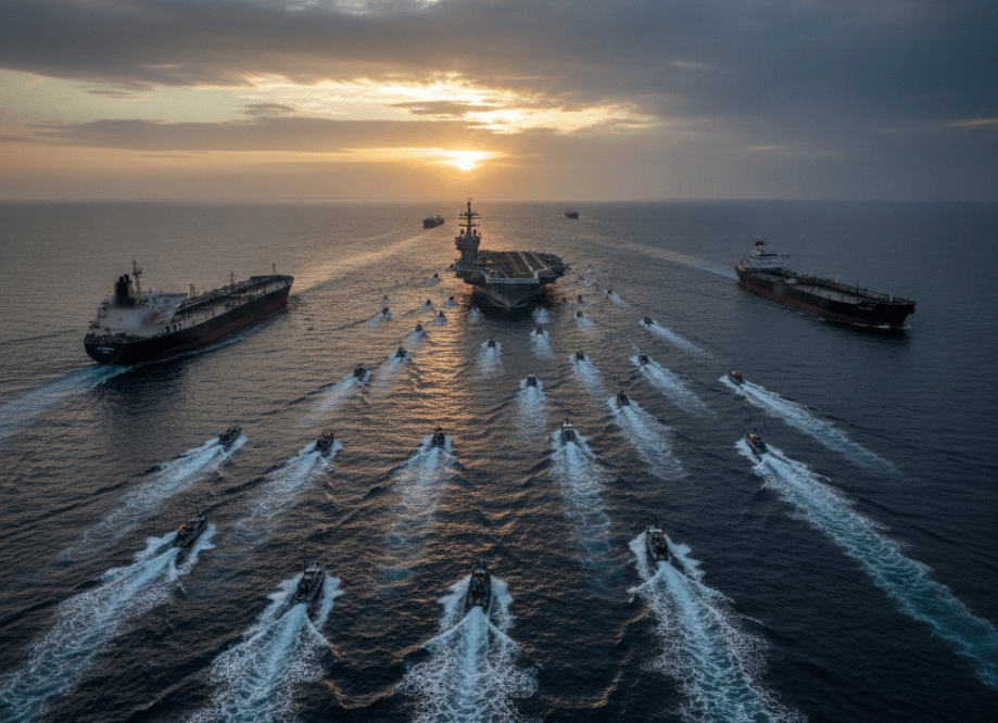 "US aircraft carrier and Iranian speedboats in the Strait of Hormuz at dawn, symbolizing geopolitical tension and the shadow fleet’s silent war."