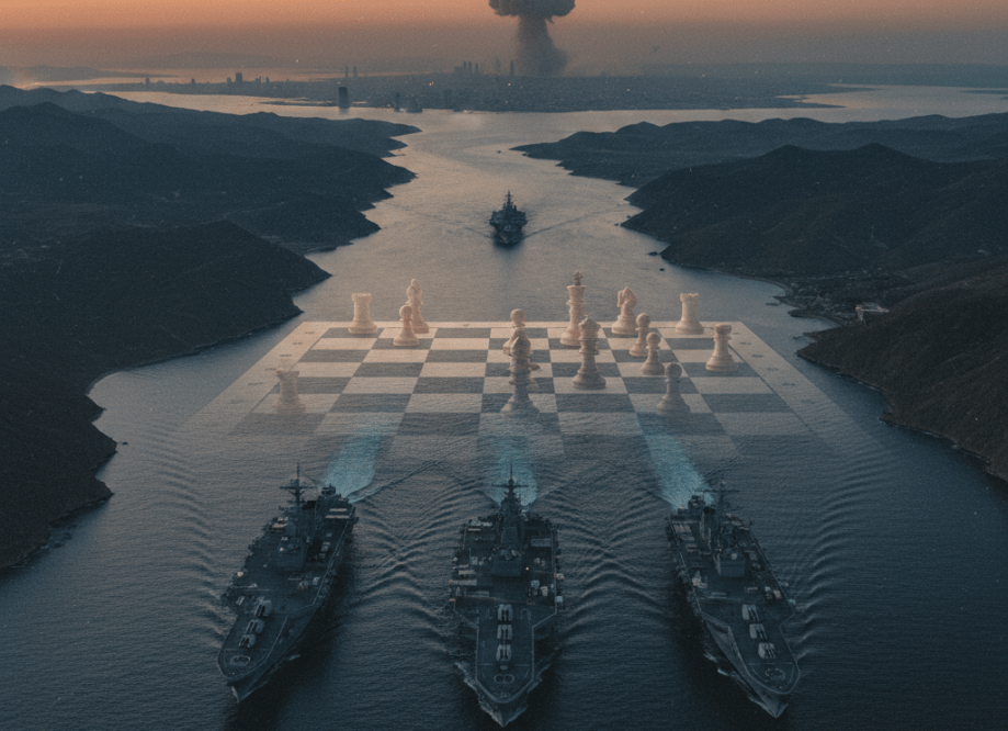 US Navy carrier strike group in the Strait of Hormuz at dusk, symbolising the tense US-Iran military standoff of early 2026.