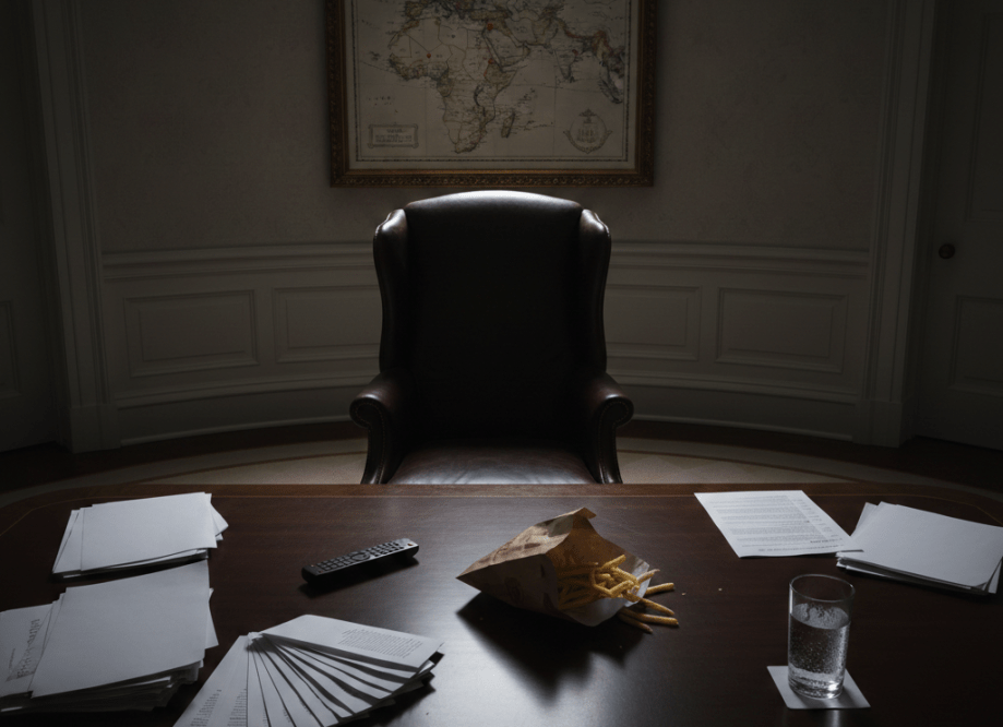 Empty presidential chair at an Oval Office conference table, briefing papers scattered, Middle East map on the wall.