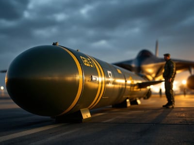 "A 30,000-pound GBU-57 Massive Ordnance Penetrator bunker buster bomb on military airbase tarmac, with ground crew member standing beside it for scale, showing the weapon's massive size compared to a human"