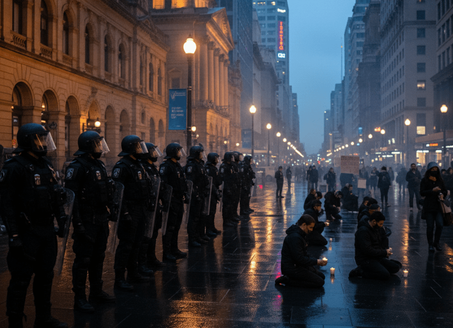Riot police outside Sydney Town Hall after protests, rain-slicked street with vigil candles.