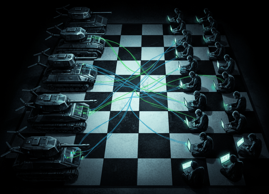 Anonymous data labellers at screens, their work feeding military AI targeting systems — the invisible human cost of algorithmic warfare.