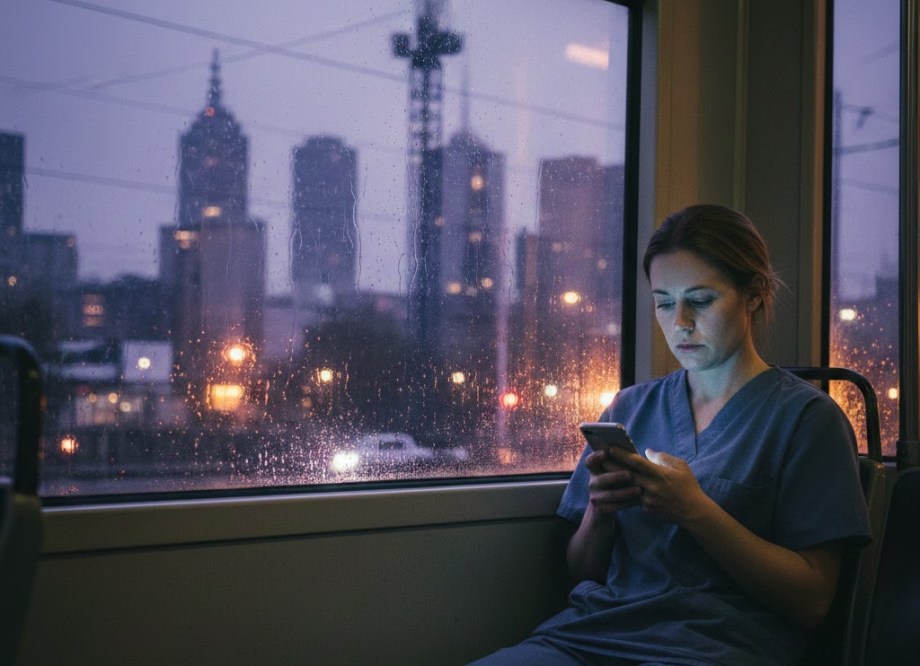 nurse on a Melbourne tram at dusk, illuminated by her phone, construction cranes visible through the window behind her.