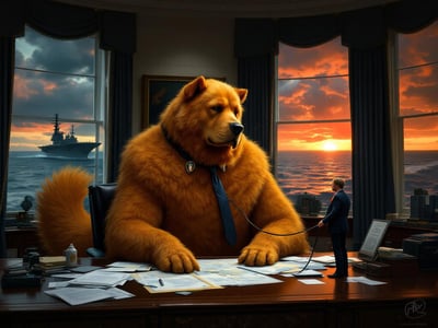 Satirical illustration of a large cartoon dog in the Oval Office, its wagging tail scattering military documents, while a small figure holds its leash and an aircraft carrier is visible through the window against a blood-red sky.