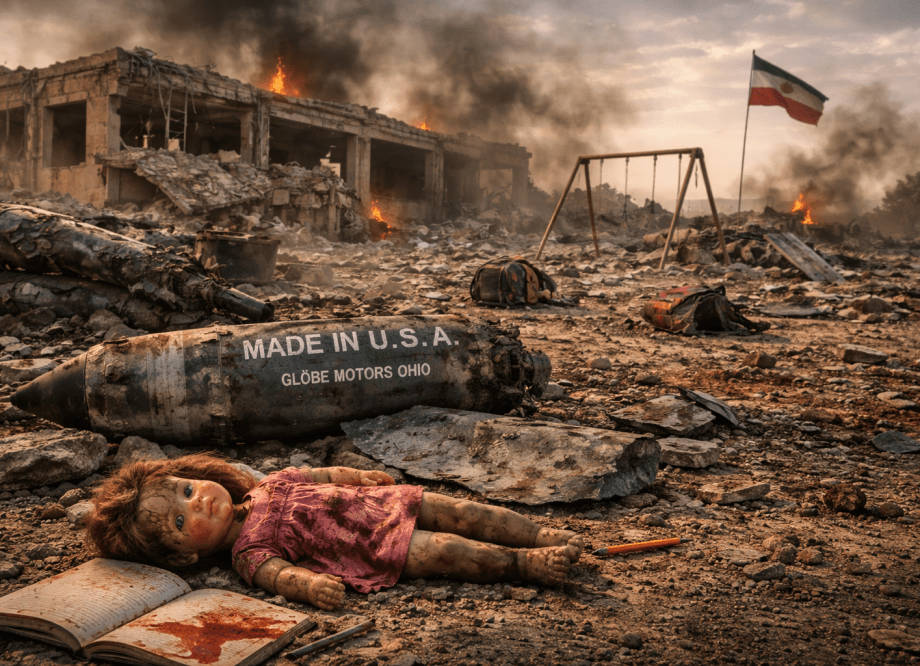 Aftermath of an airstrike on a school in Minab, Iran, with rubble, a damaged playground, and missile debris marked “Made in USA” in the foreground