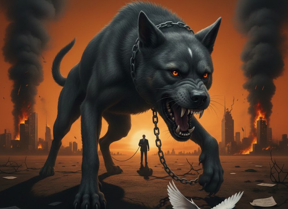 Editorial illustration representing a small power directing a large military force — a metaphor for Israel's strategic influence over US military action against Iran in 2026.