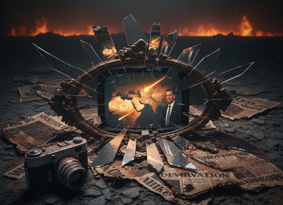 A cracked mirror lying in ash and rubble reflects a distorted television news broadcast showing a Middle East map and missile imagery, surrounded by torn newspaper pages and a broken press camera, symbolising the destruction of journalistic truth in wartime.