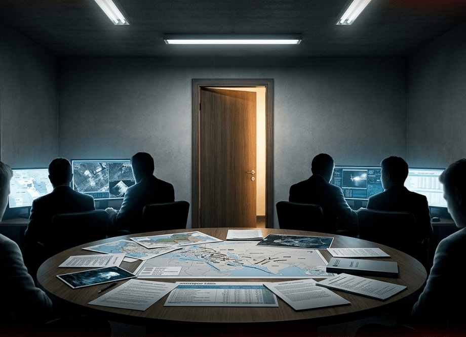 Silhouetted figures seated at a circular table in a bare, harshly lit room, backs turned to a door standing slightly ajar, light bleeding through the crack.