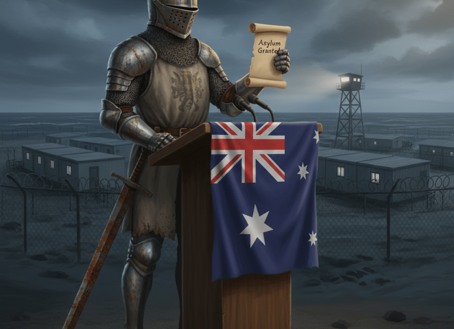 Editorial illustration of a knight in tarnished rusty armour standing at a press podium with an Australian flag, while a remote island detention centre is visible in shadow behind him.