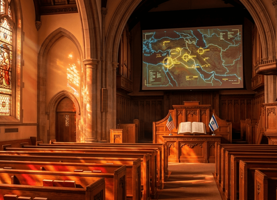 An evangelical church interior with a Middle East map projected above the pulpit, flanked by American and Israeli flags.