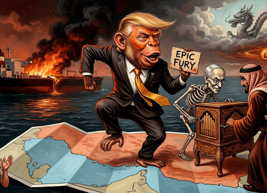 Satirical editorial cartoon showing a dancing monkey in a gold tie on a Middle East map, flanked by two organ grinder figures – one in a Western suit, one in Gulf robes holding a bone-saw. A burning oil tanker sits on dark water behind them. A dragon watches from above. A small applauding figure stands in the corner. Illustration in the style of George Grosz and Gerald Scarfe.