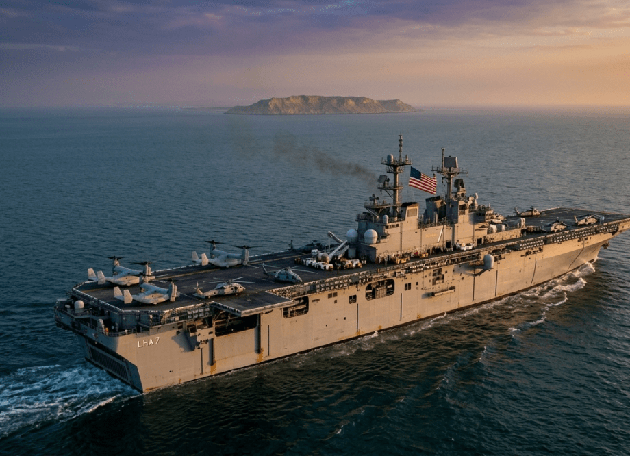 US amphibious assault ship at sea with Kharg Island visible on the horizon, Persian Gulf