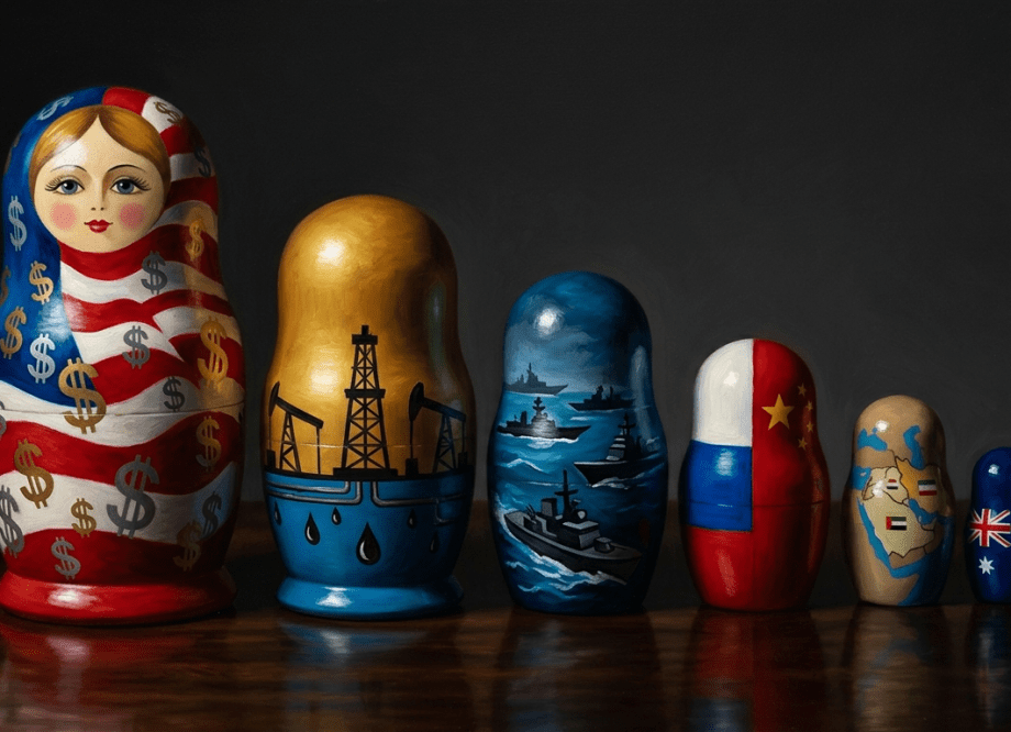 Russian nesting dolls representing layers of the US-Iran war: money, military force, great power rivalry, and Australia