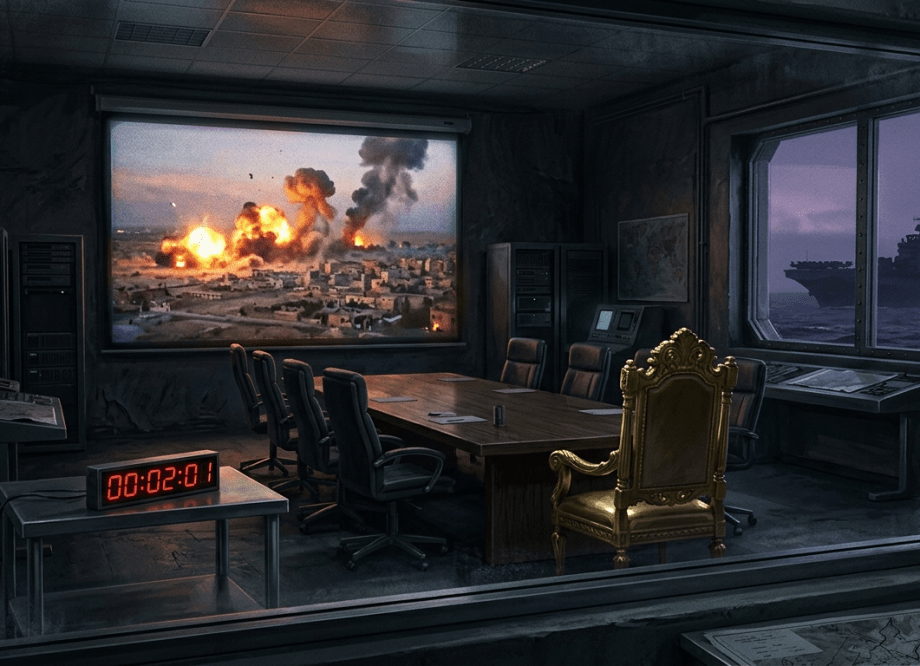 A darkly lit war room with an empty gold chair at its centre, a looping explosion reel playing on screen, and an amphibious assault ship visible through the window.