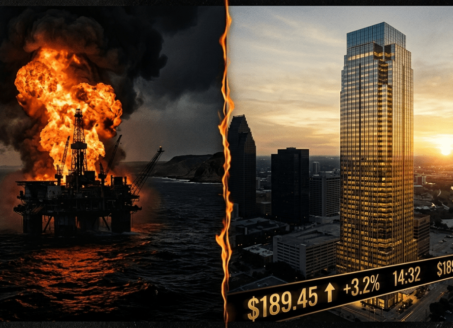 Split image: burning oil infrastructure in the Persian Gulf at night; a Houston LNG company headquarters at dawn with rising share price tickers. A line of flame connects them.