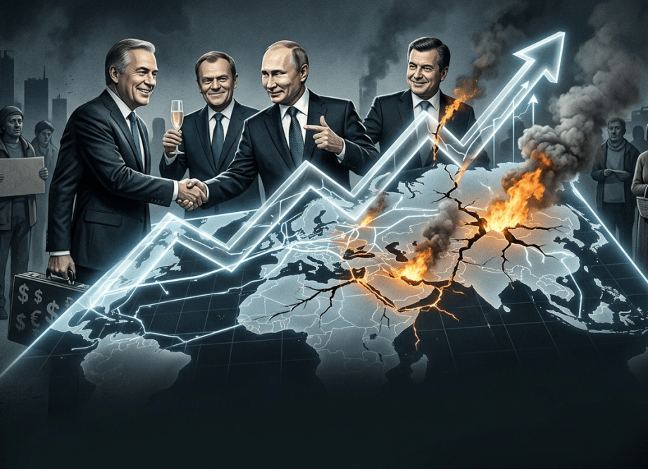 Editorial illustration of corporate and political figures examining a glowing global gas map that is cracking into flames, while shadowed civilians stand in the background.