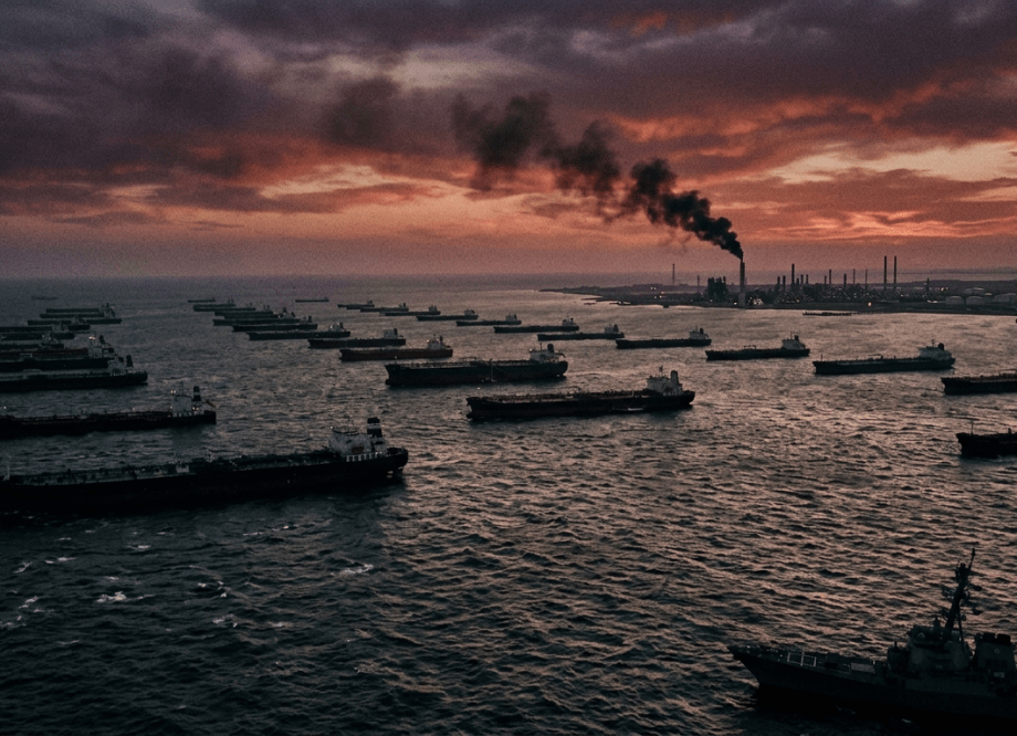 Aerial view of oil tankers gridlocked in the Strait of Hormuz at dusk, black smoke rising from a distant refinery against an orange sky.