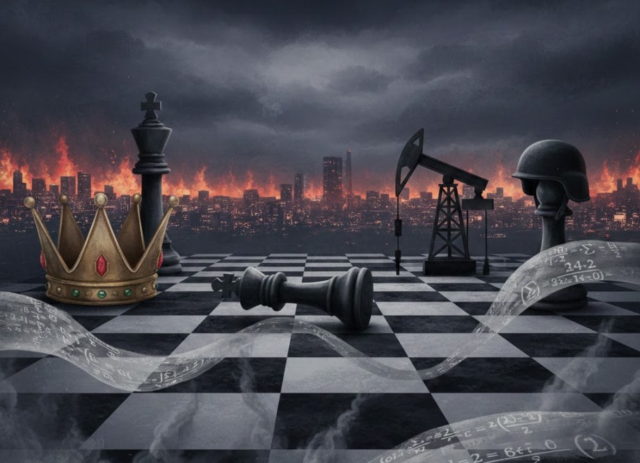 Dark editorial illustration of shadowy figures in ornate portrait frames on a gallery wall, a burning city visible through a window behind them, suggesting the architects and beneficiaries of a catastrophic war.