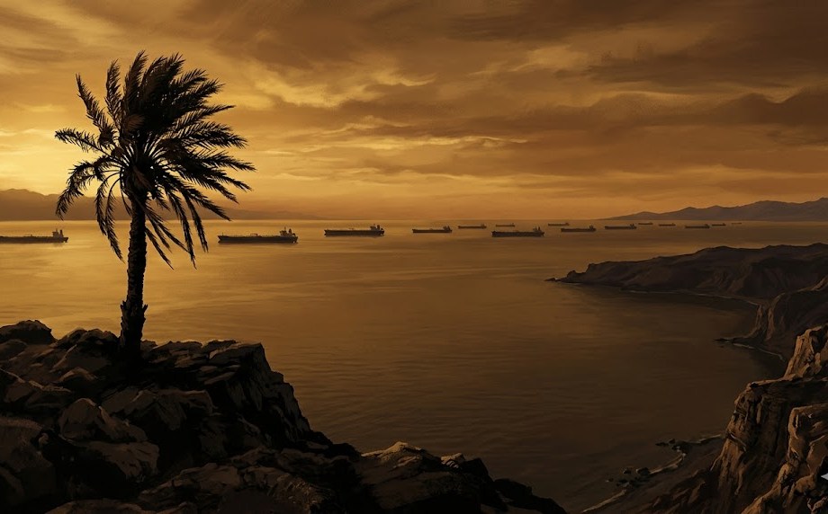 A date palm silhouetted at dusk on the Iranian coast, oil tankers idle on the Strait of Hormuz behind it.
