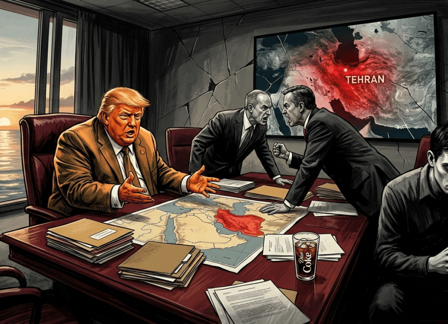Satirical illustration of a chaotic war cabinet: an orange-tinted central figure gestures at a Middle East map while two suited advisers argue across a table strewn with classified folders. A pale isolated figure sits apart in shadow. A screen shows Tehran under attack. A Caribbean fishing boat is visible through the window.