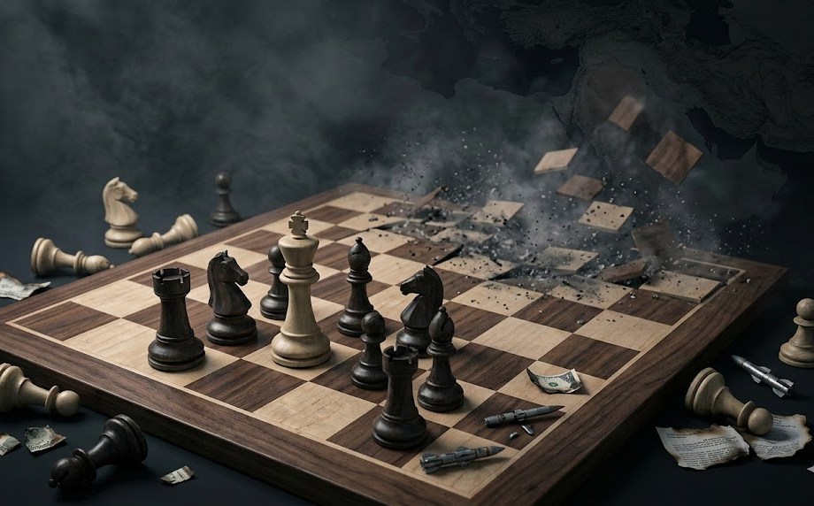 Chess king in checkmate on dissolving board symbolising Trump Iran war strategic collapse with no endgame