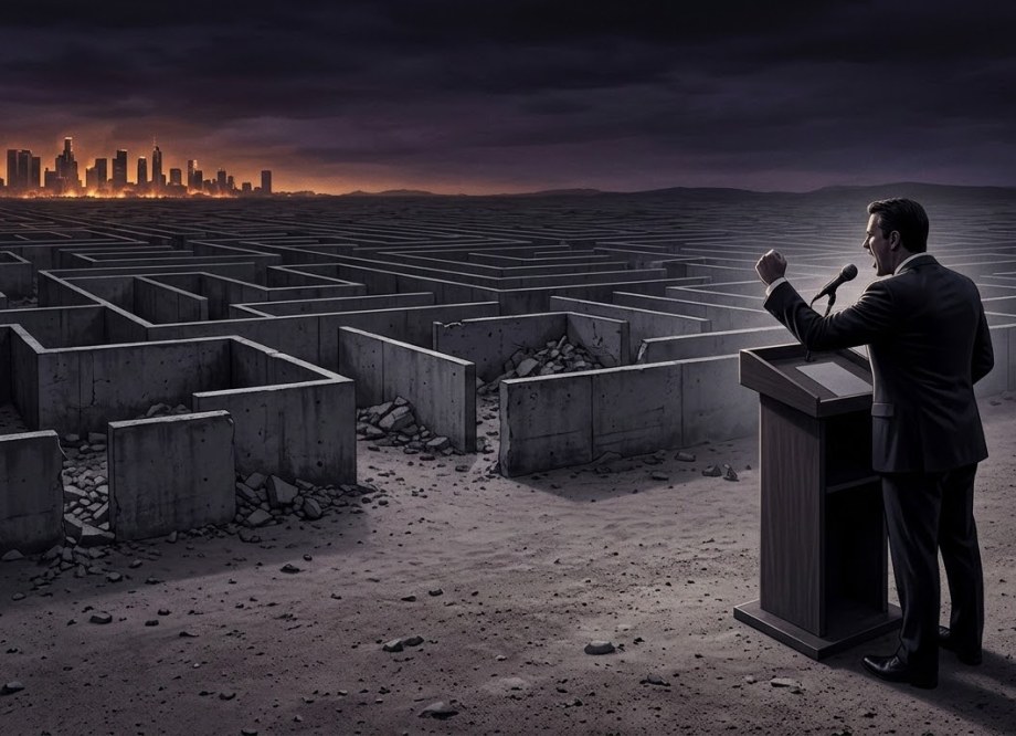 Dark editorial illustration of a suited figure shouting into a microphone at a podium, facing a vast labyrinth of ruins under a bruised purple sky with a distant burning city on the horizon.
