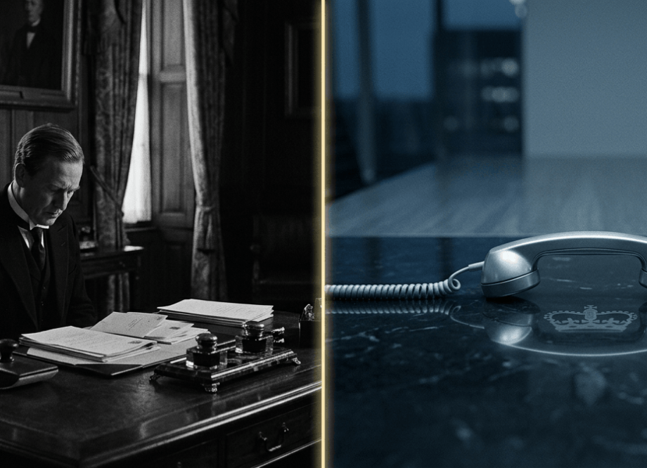 Diptych: archival vice-regal study with letters on left, silver telephone handset with crown reflection on right, divided by gold line