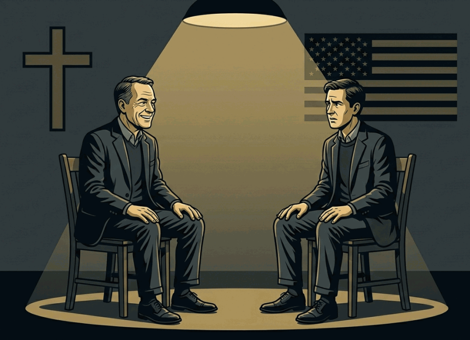 Two figures in a satirical theatrical setting -- one in a suit holding a Bible and military briefing document with a lanyard reading "Office of Sacred Communications," the other a composed interviewer with a clipboard -- lit by a single spotlight, with St Peter's Basilica and a naval carrier group suggested in the background shadows.